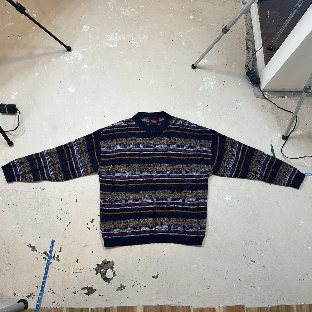 OXYMEL Mens V-Neck Jumper Sweater Large Navy Blue Multicolor Striped